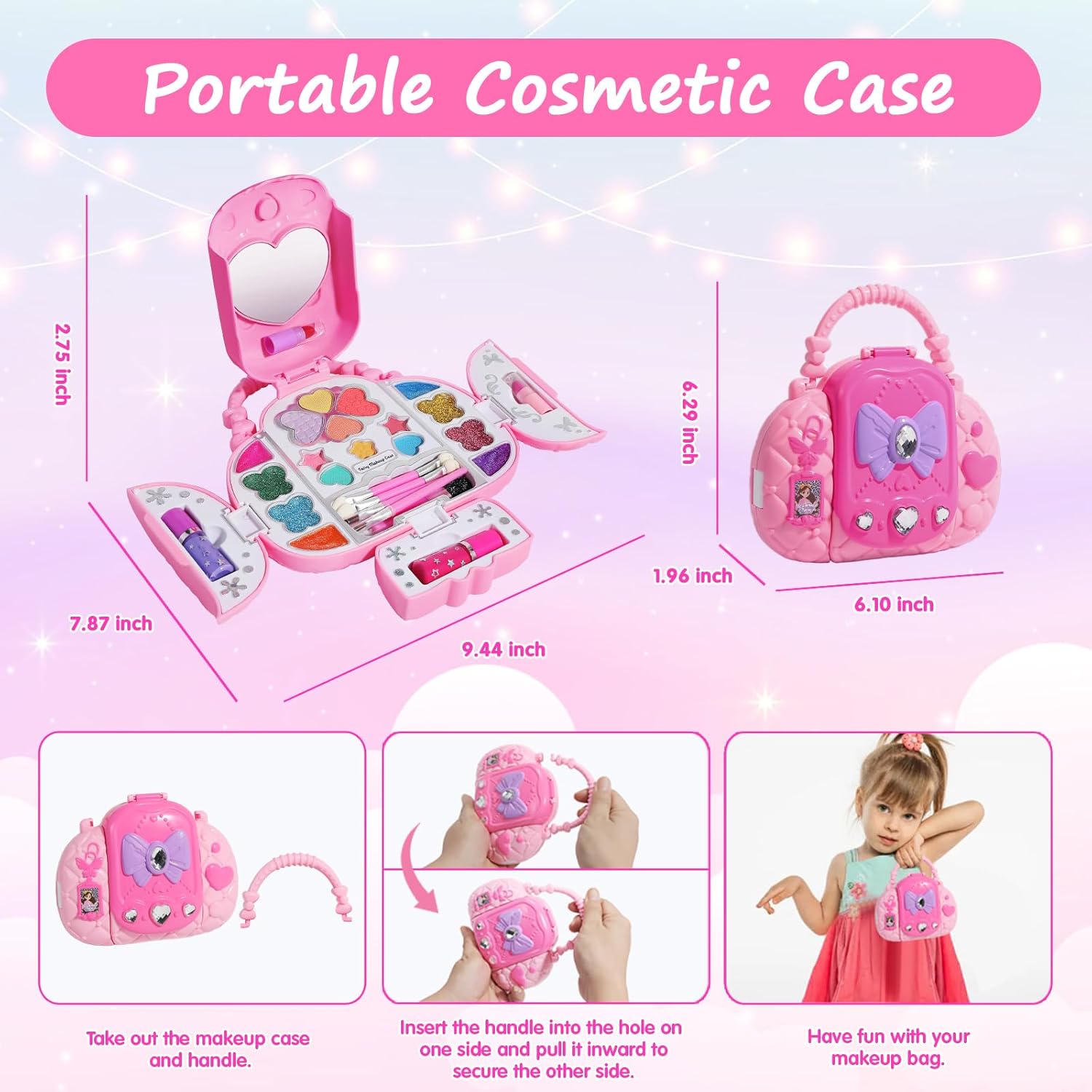 

Kids Real Washable Makeup Kits for Girls with Mirrors, Fashionable Handbag Storage Design,Princess Toys Cosmetic Set, Gifts рожевий