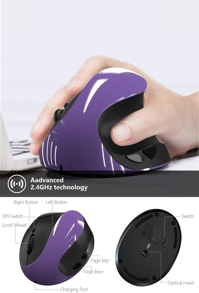 BeWishes Ergonomic Vertical Mouse, Wireless 2.4G High-Precision Rechargeable Ergonomic Optical Mouse with Adjustable DPI 80012001600, Reduces Wrist