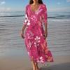 Women's Vintage Print Tunic Waisted Midi Dress Summer Casual 3/4 Sleeve Dress Dress