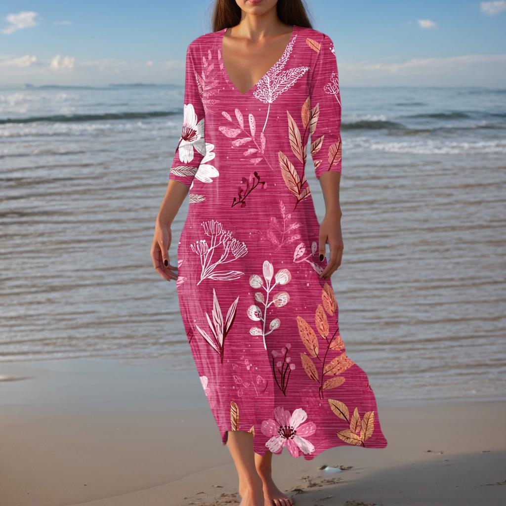 Women's Vintage Print Tunic Waisted Midi Dress Summer Casual 3/4 Sleeve Dress Dress