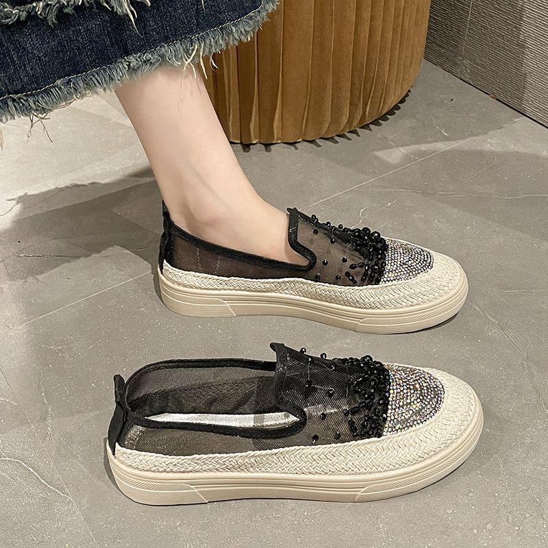 Lace Mesh Breathable Shoes for Women Summer Daily Routine Korean Designer Luxury Rhinestone Slip On Casual Light Woman Footwear