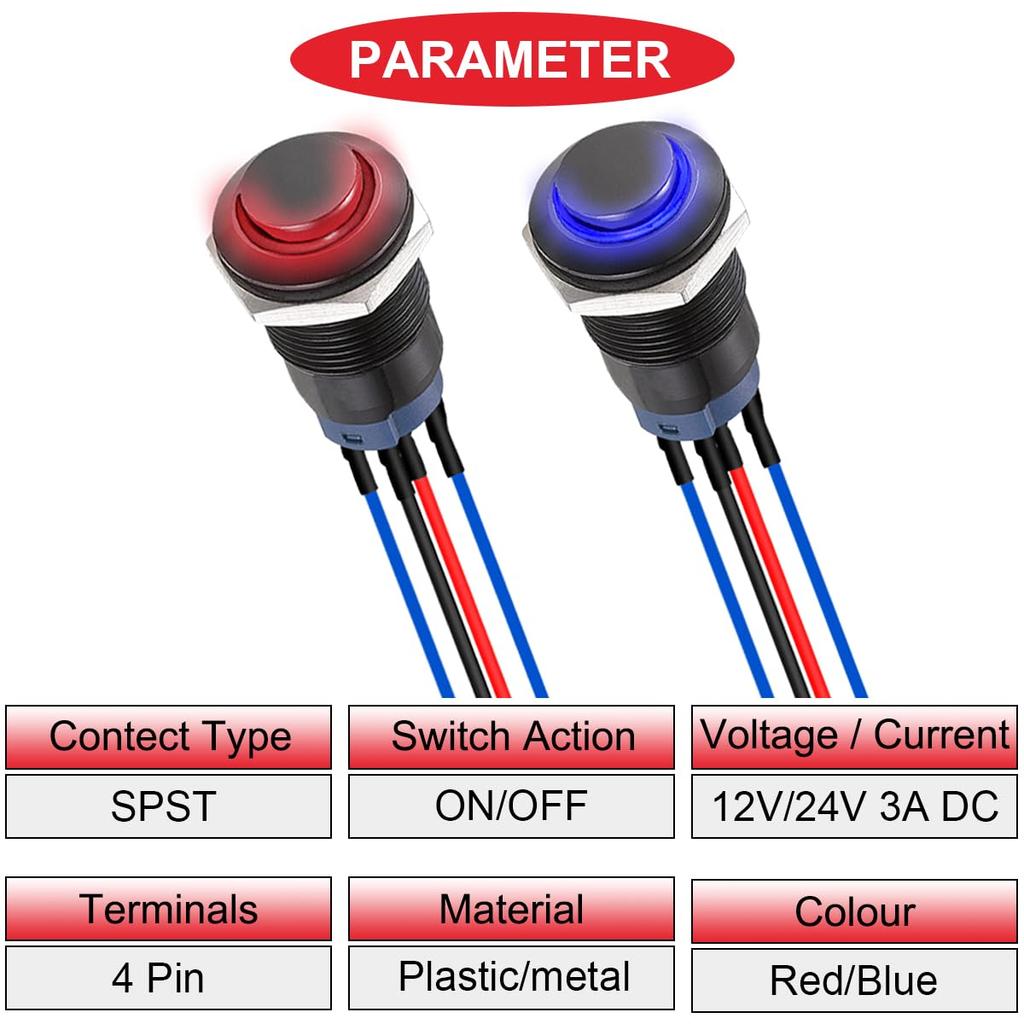 MKBKLLJY 2pcs 12mm Latch Red/Blue LED Push Button Switch Black Metal Shell IP65 Waterproof