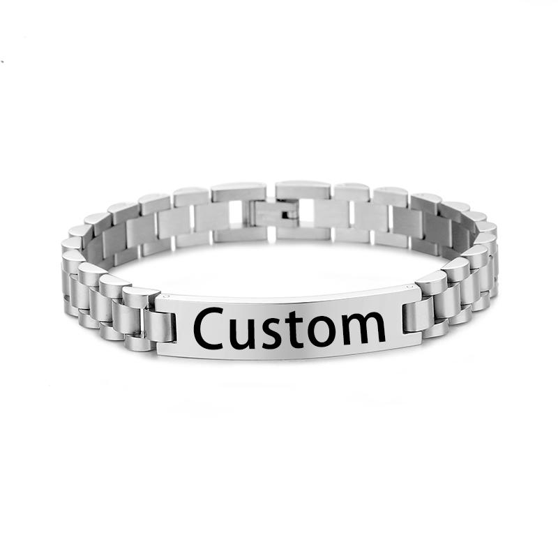 Stainless Steel Custom Engraving Name Logo  Watch Band Chain Wristband ID Bracelets for Men
