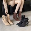 2025 autumn and winter new pointed European and American suede thin heel high heel temperament French fashion sexy cross buckle short boots