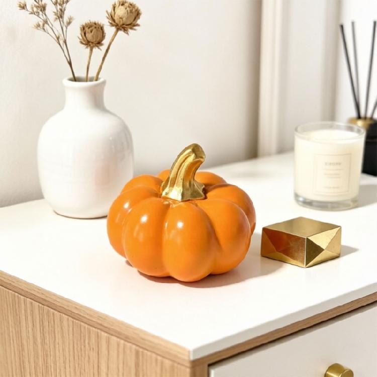 Realistic Pumpkin Figurine Resin With Gold Stem Harvest Pumpkin Decoration for Autumn Tabletop Centerpieces, Thanksgiving Decoration