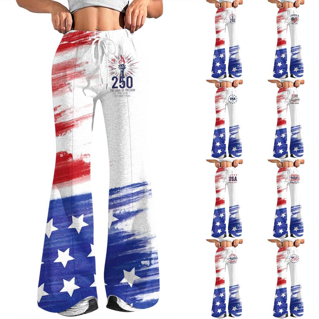 Loose Fit Drawstring Waist Flare Pants with Independence Day Inspired Print We the 250 Years of Casual Style