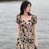 YYFS Women's Fashion Summer Spring Flower Pattern Print Short Sleeve High Waist Casual Dresses