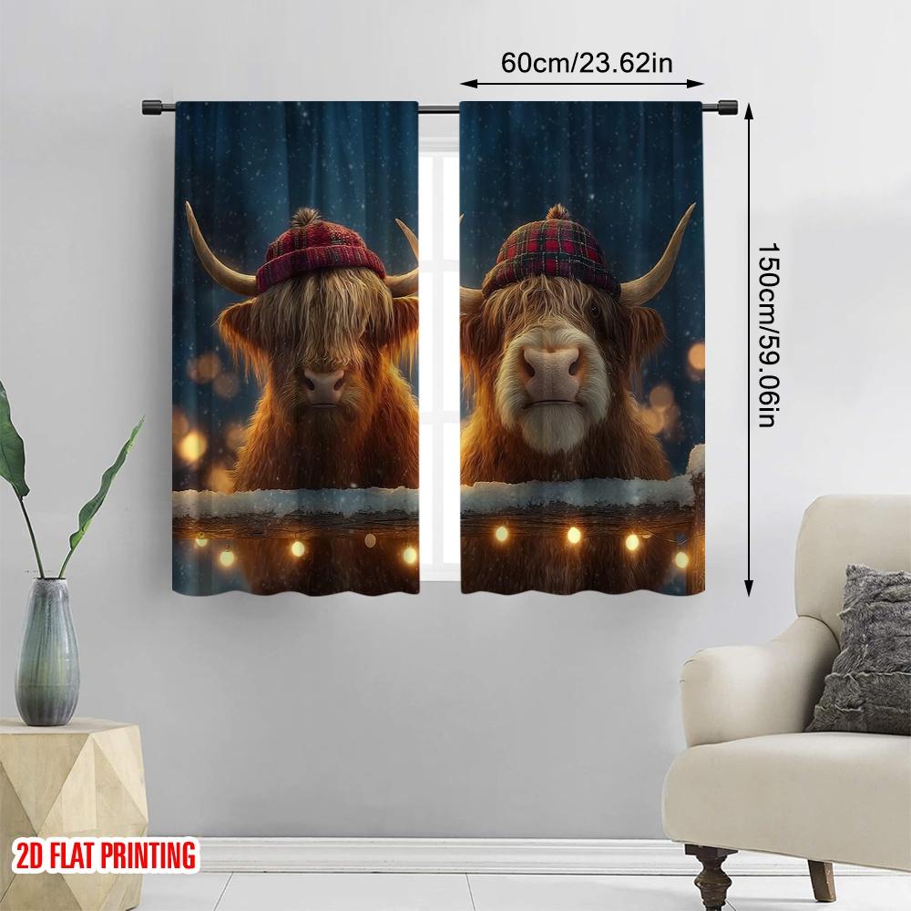 2pcs 2D flat printing St Patrick's Day Curtains Highland cattle in the snow Polyester Without Electricity Birthday Party for