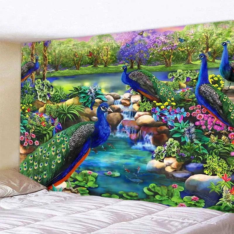 Arazzo Artistico di Uccelli della Giungla Scena Psichedelica Decorazione per la Casa Appeso a Parete Estetica Hippie Boho Stanza
