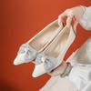 Ice silk low-heeled wedge shoes fashion women's new models, pointed women's fashion bow white single shoes