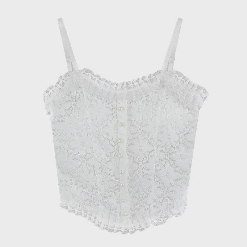 Spitzenmuster-Camisole mit Brustpolstern & plissierten Perlen - Sexy rückenfreies Top