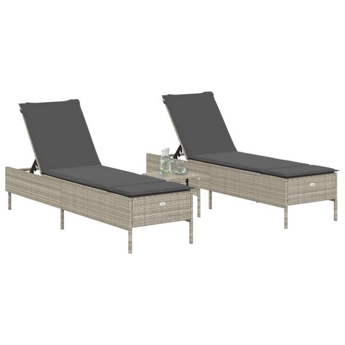 VidaXL Ensemble de chaises longues avec coussins 3pcs gris clair rotin, transat, lit de repos de jardin, meuble d'extérieur, 3284268