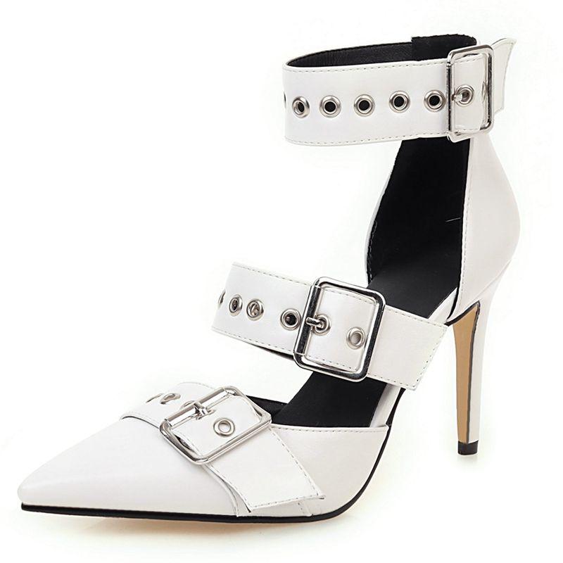 2025 Punk Damen Sandalen Spitz Stiletto 9,5cm Schnallenriemen Metalldekoration Übergröße 45 46 47 48 Modeschuhe