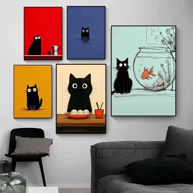 Cute Japanese Black Cat Wall Art,Vintage Ukiyoe Food Noodle Sushi Kitty Canvas Prints,Kitchen Bedroom Home Decor Cat Lover Gifts
