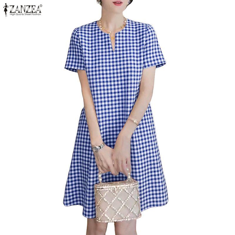 ZANZEA Women Casual V-neck Summer Grid Print Short Sleeve Dress