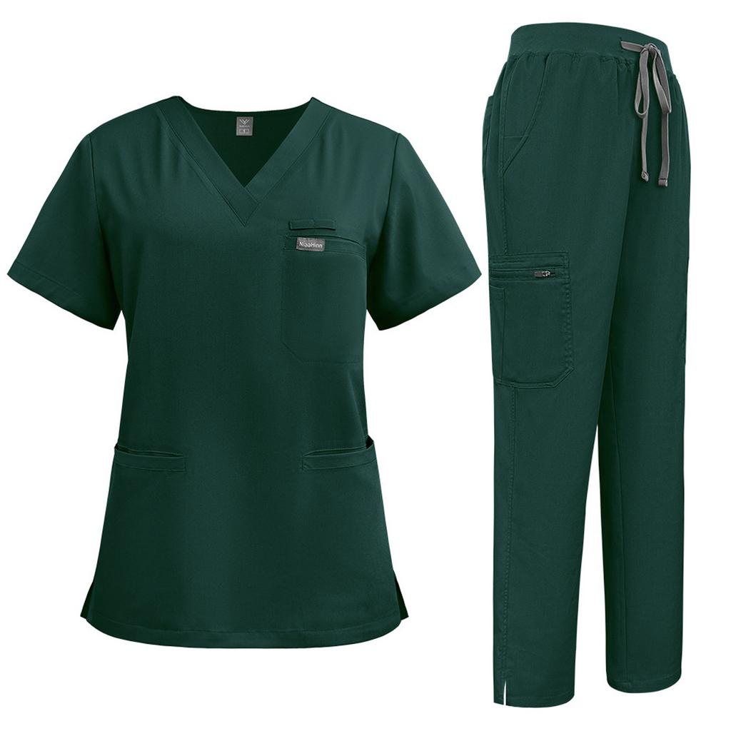 Women's Short Sleeved Solid Color V Neck Pocket Top Pants Work Clothes Two Piece Set