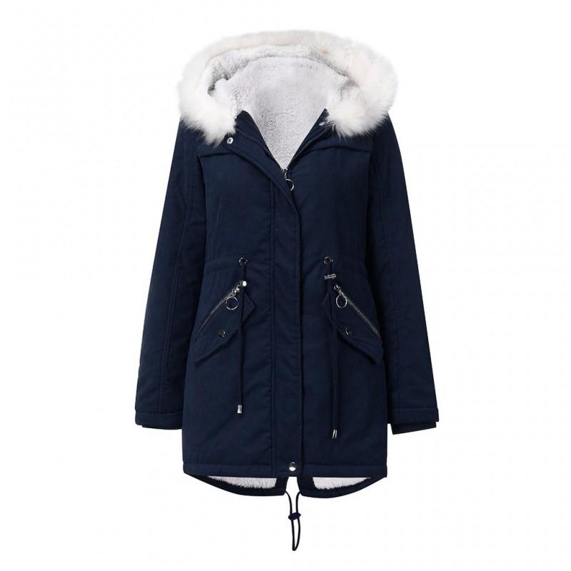 Womens Warm Parka Coat With Faux Fur Collar Hooded Mid-Length Cotton Padded Winter Outerwear