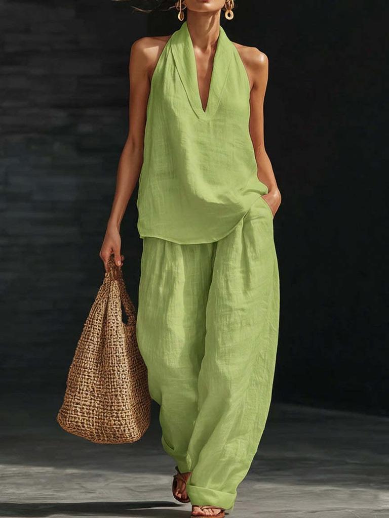 2026 European & American Women's Halter V-neck Sleeveless Casual Clothing Set