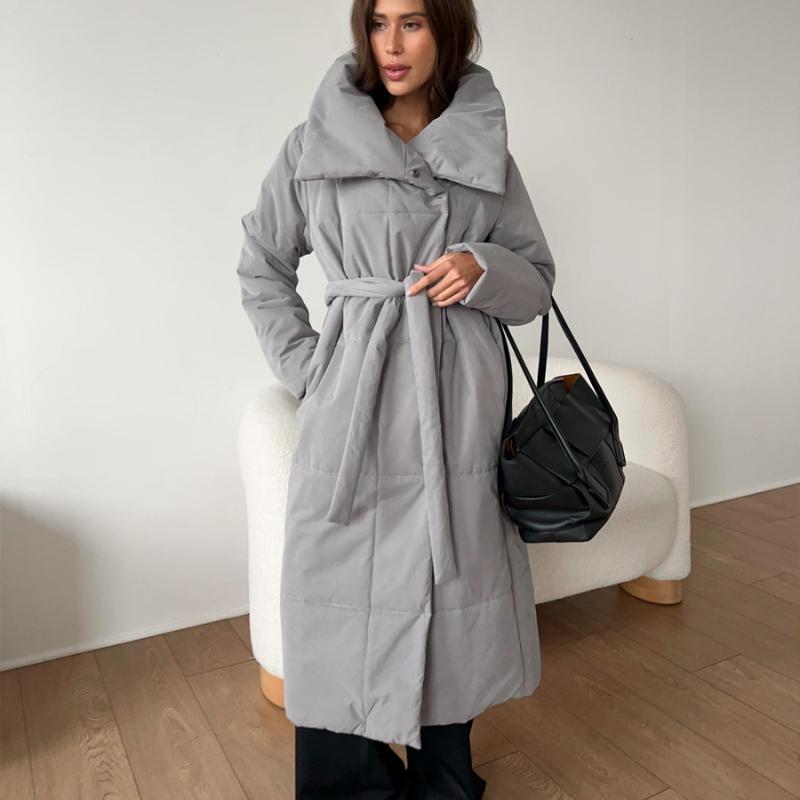 Dámské podzimní zimní nadměrné teplé bundy s páskem Módní bundy Volné Jednobarevné Ležérní kabáty Bunda vycpaná bavlnou