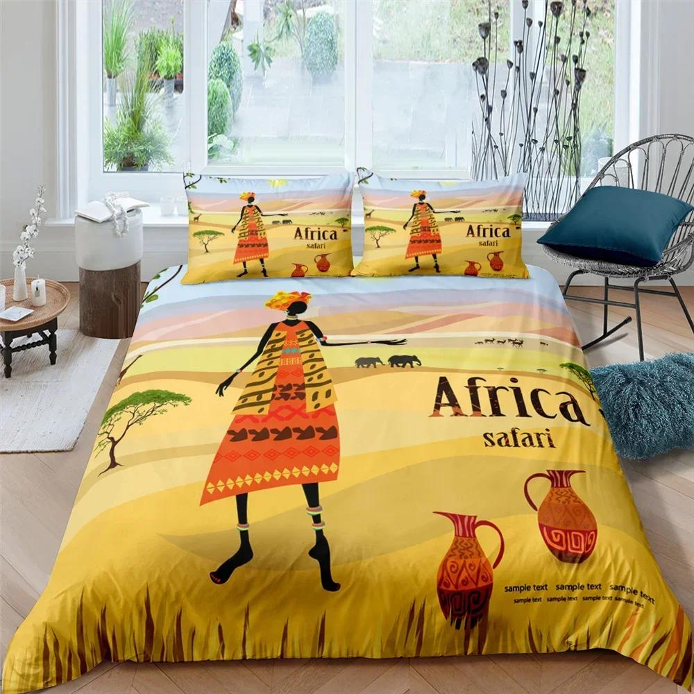 African Woman King Queen Duvet Cover Retro Exotic Tribal Black Girl Pattern Bedding Set Africa Polyester Quilt Cover Pillowcase