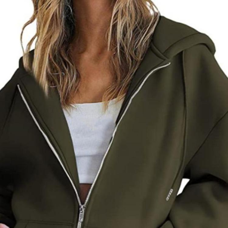 Hoodie Women Long Sleeves Zipper Casual Outerwear Solid Color Warm Cardigan Autumn Winter Drawstring Loose