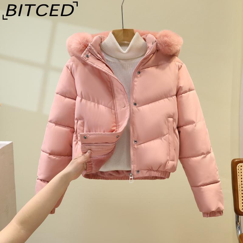 BITCED Plus Size Short Cotton Jacket for Women Winter Puffer Coat with Oversized Fur Collar Versatile Outerwear