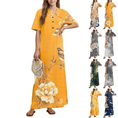 Damenmode Bedrucktes Nachthemd Hauskleidung Kurzarm-Nachthemd mit Taschen Langes Kleid