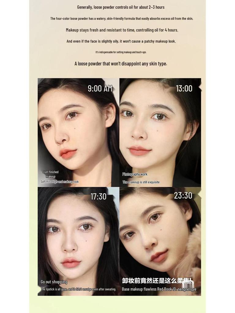 Ji Wan Xi Four-Color Loose Powder: Long-Lasting, Oil-Control, Lightweight Concealer, Pore-Refining Setting Powder.