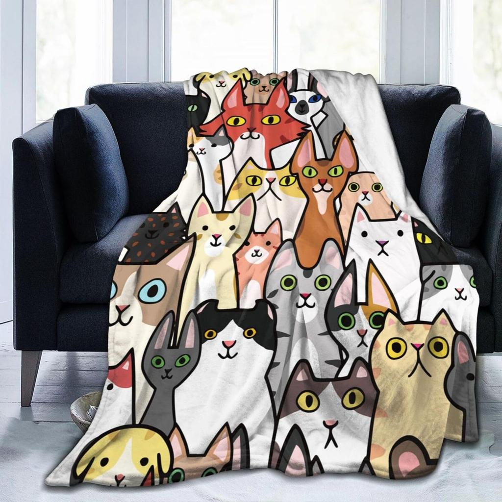 Cute Cat Flannel Blanket Multiple Sizes 2D Print Pink Face Kitty Design Soft Throw Sofa Bedroom Office Snuggle