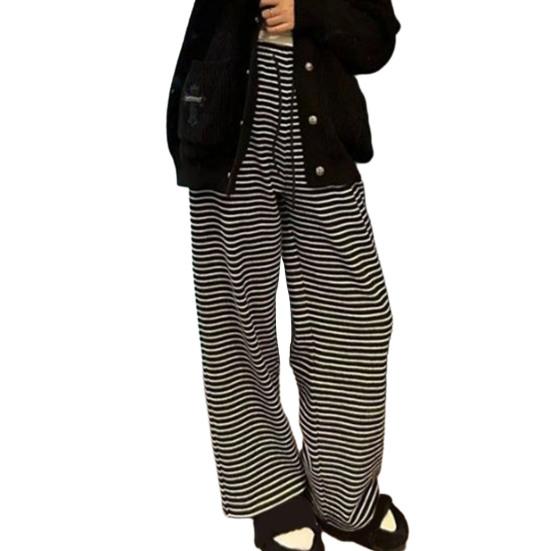 

Женские брюки трикотажные контрастные полосатые свободные брюки с широкими штанинами и эластичной резинкой на талии, мешковатые мягкие прямые осенне-весенние длинные брюки XL чёрный