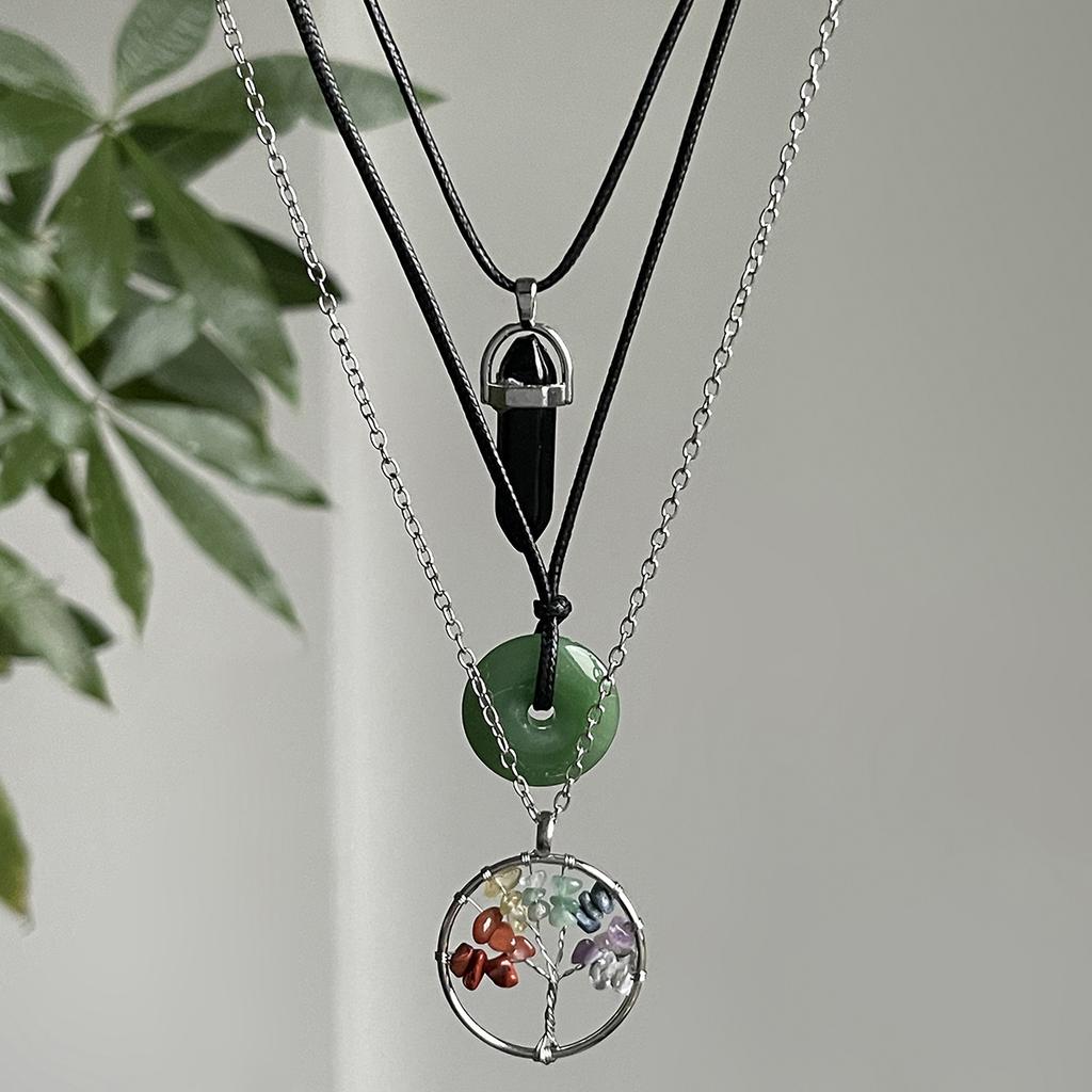 Personalized Safety Buckle Leather Wax Thread Necklace, Retro Stacked Colored Crystal Tree Pendant Necklace
