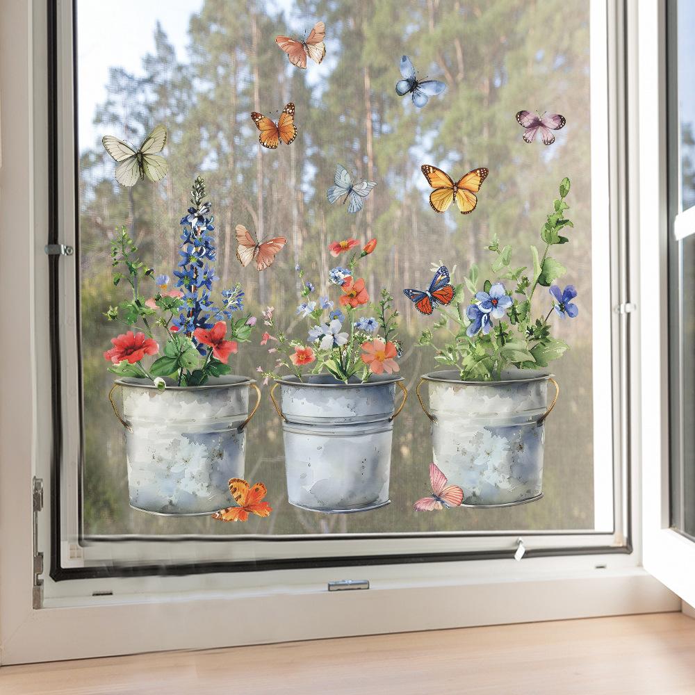 Fun-f158 Iron Bucket Flower Pot Butterfly Glass Doors and Windows Home Landscaping Window Stickers Uv Static