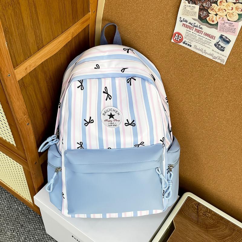 New high-value, fresh and sweet bow striped backpack, color contrast and lightweight backpack for junior high school students