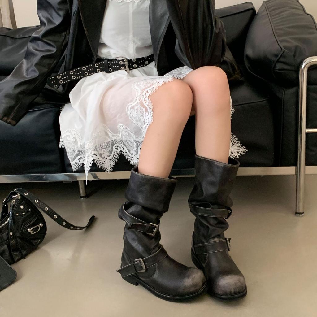 Zhang Yuanying's same belt buckle stacking boots thick heel retro old medium boots Korean version boots niche tooling boots women