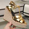 Fashion Cross Straps Open Toe Wedges Women Sandals Solid Color Open Toe Real Patent Leather Espadrilles Shoes Newest Summer 14cm Heels