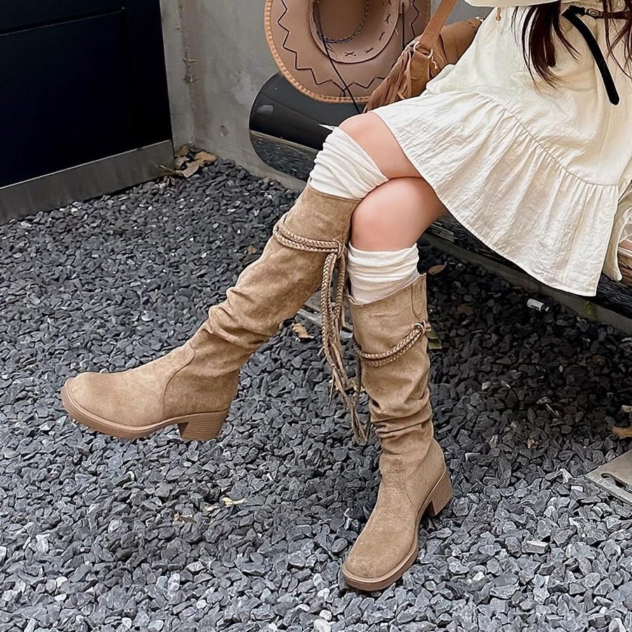 Soft leather version~ retro wasteland wind fringed knight boots thick heel but knee long boots popular pile medium boots women