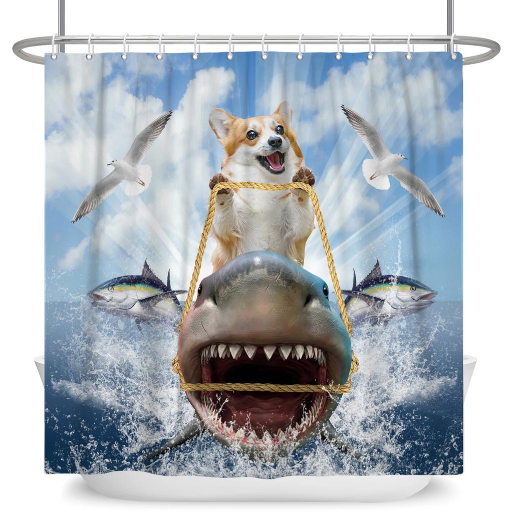 Hrdinský Velký bílý žralok s pistolí Kočka Vtipný sprchový závěs Pro kryt vany Kryt koupelny Koupání Extra velký Široký 12 ks háčků