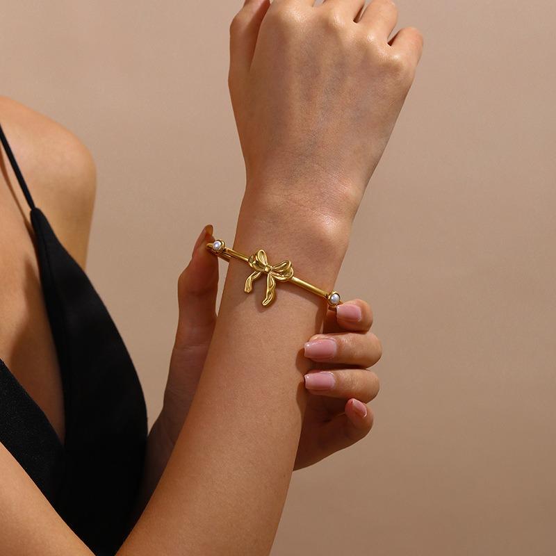 Gold Bow Pearl Open Cuff Bangle Bracelet for Women
