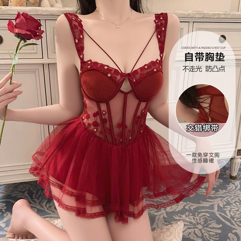 Women's Lace Sheer Deep V Push Up Padded Lingerie Sleep Dress Set