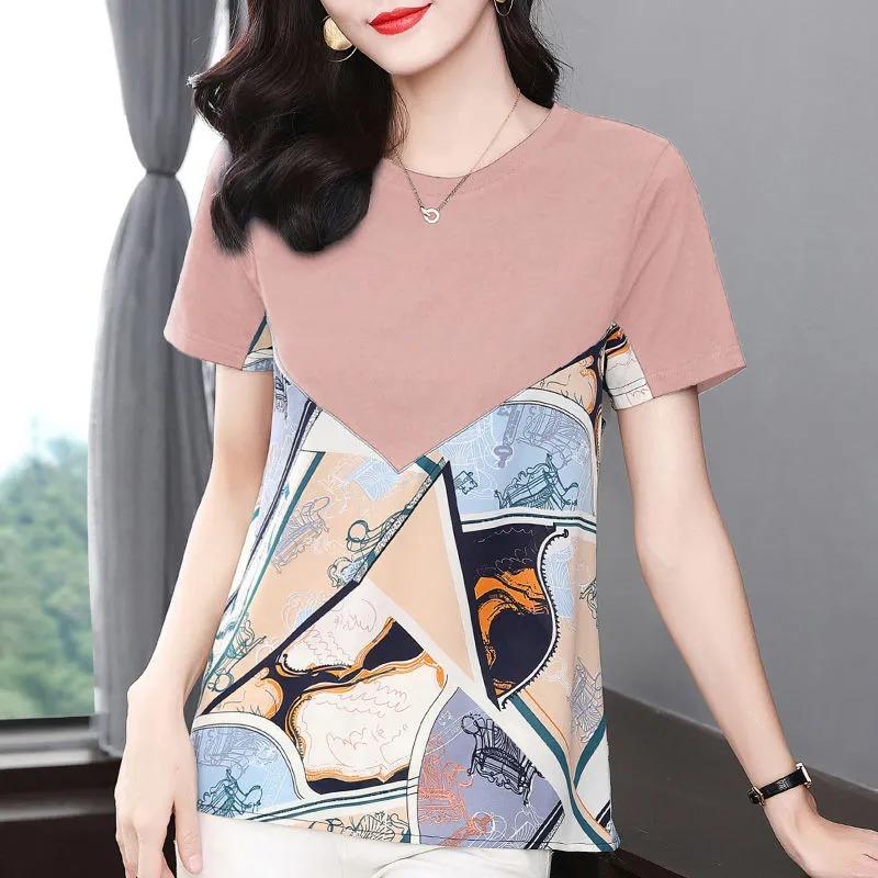

Chiffon Splicing Pure Cotton Short-sleeved T-shirt for Women Summer New Style Large Size Mid-length Loose Top 3XL