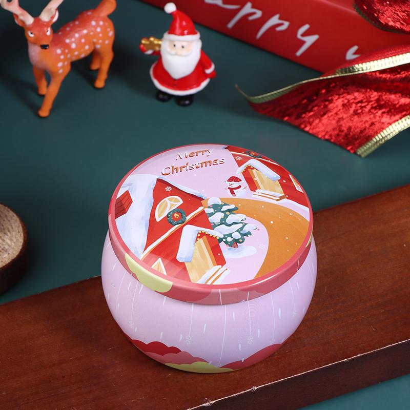 1Pcs Christmas Tinplate Round Candy Tin Can Candle Jars With Lid Candle Container Empty Box Cookie Candy Storage Gift Case