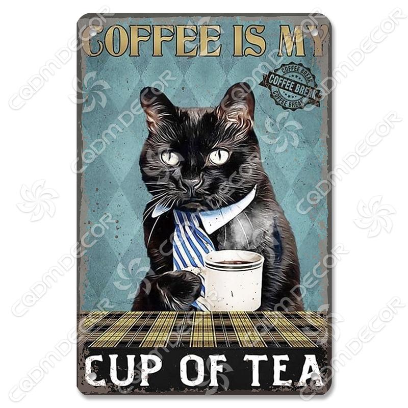 Black Cat Tin Sign Metal Plaque Read Books Drink Wine Pet Metal Poster Vintage Wall Decor for Coffee Shop Kitchen Bathroom Home