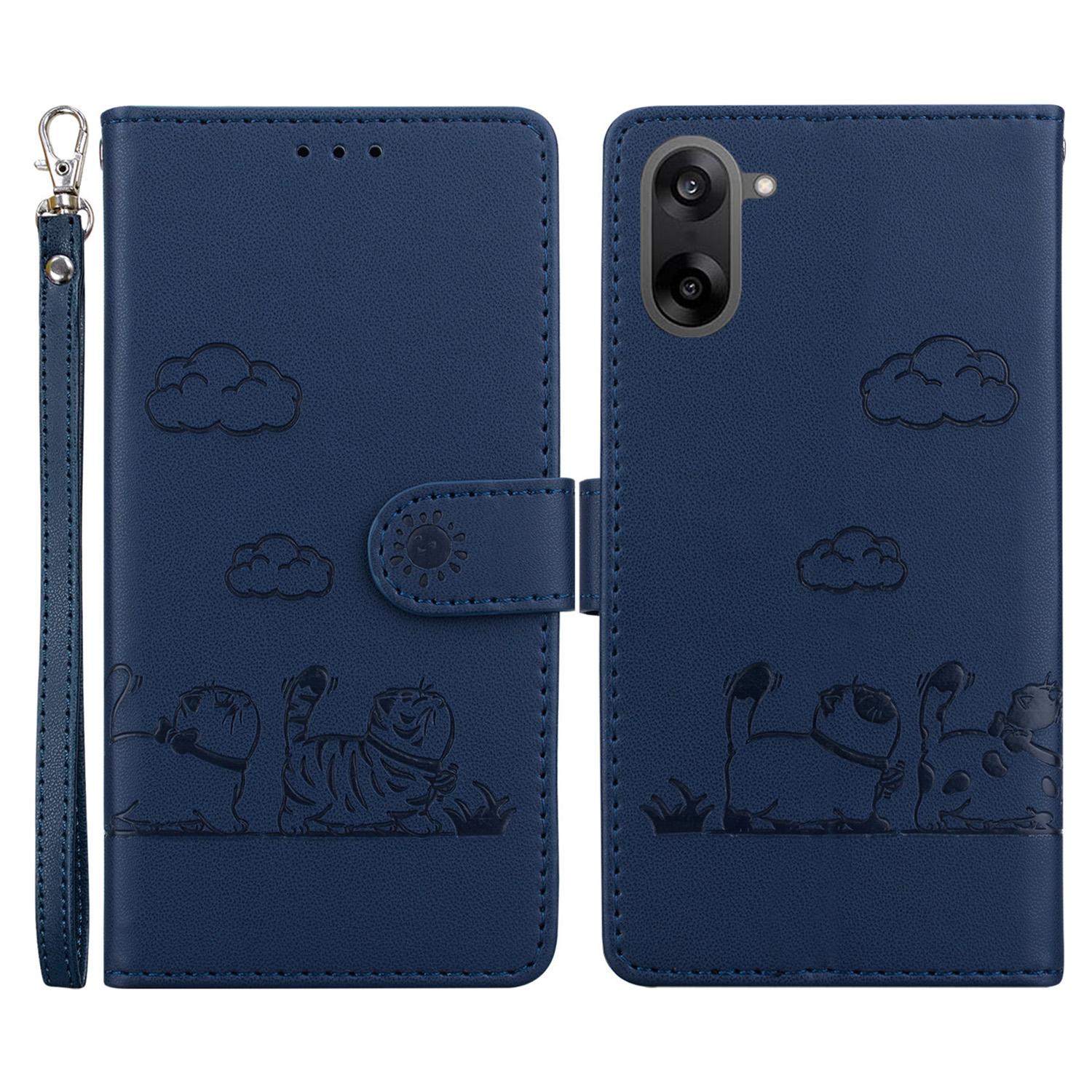 

For OnePlus Nord CE5 5G Case RFID Blocking Kitten Pattern TPU+PU Leather Phone Cover with Wrist Strap Blue