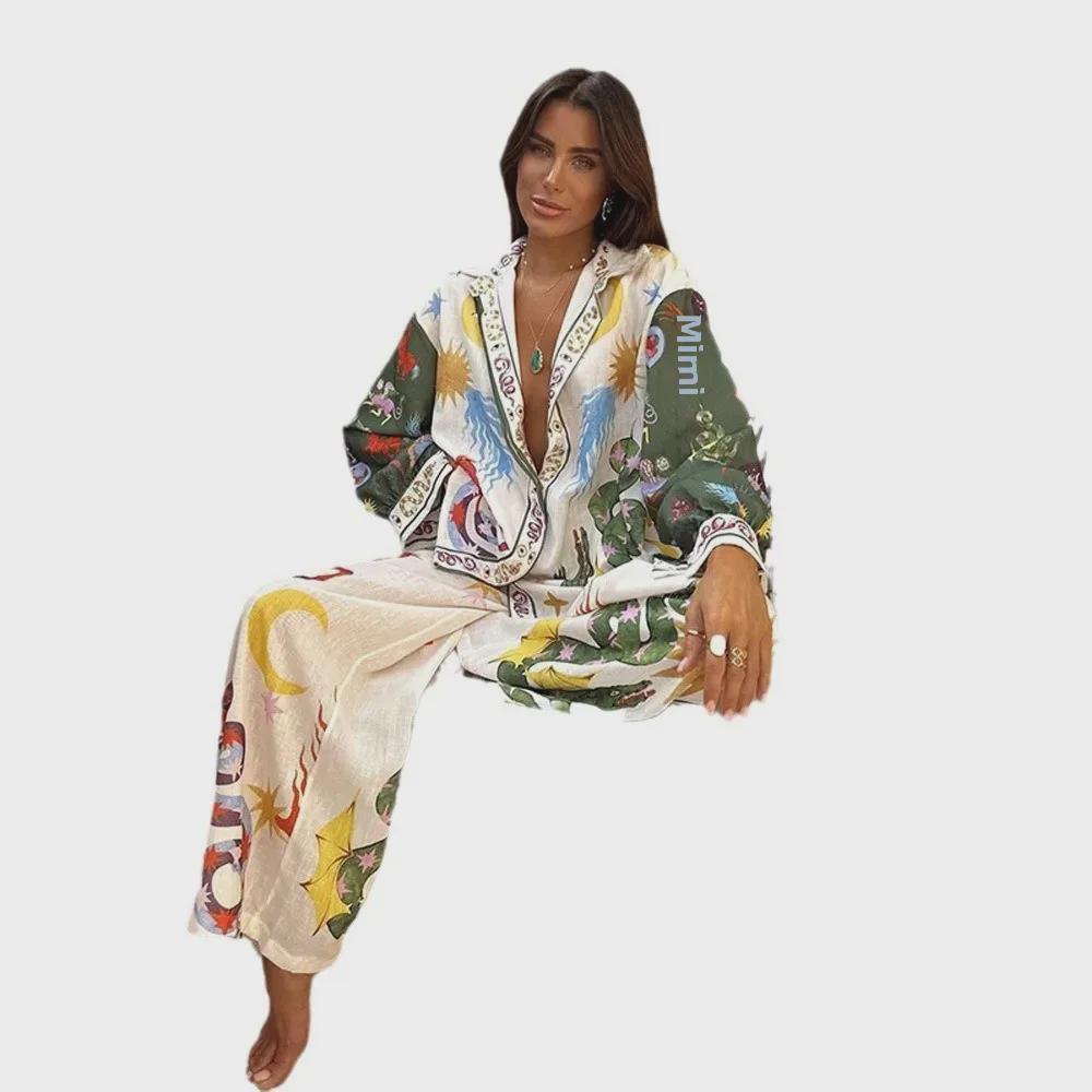 

«Осенний комплект женской свободной рубашки и брюк с принтом 2024 года для отдыха или отпуска» S грязно-белый