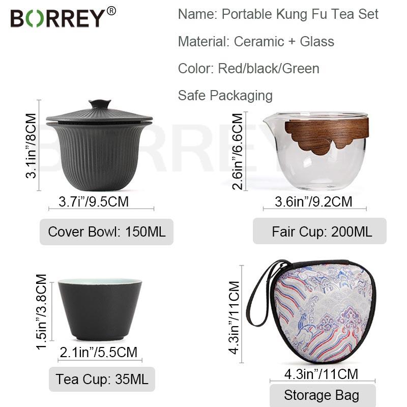 BORREY Tragbares Reise-Kung-Fu-Teekannen-Set aus Keramik, eine Kanne, zwei Tassen, Glas, Anti-Verbrühungs-Teeschüssel, Outdoor-Reise-Teeset, Tee-Handwerker