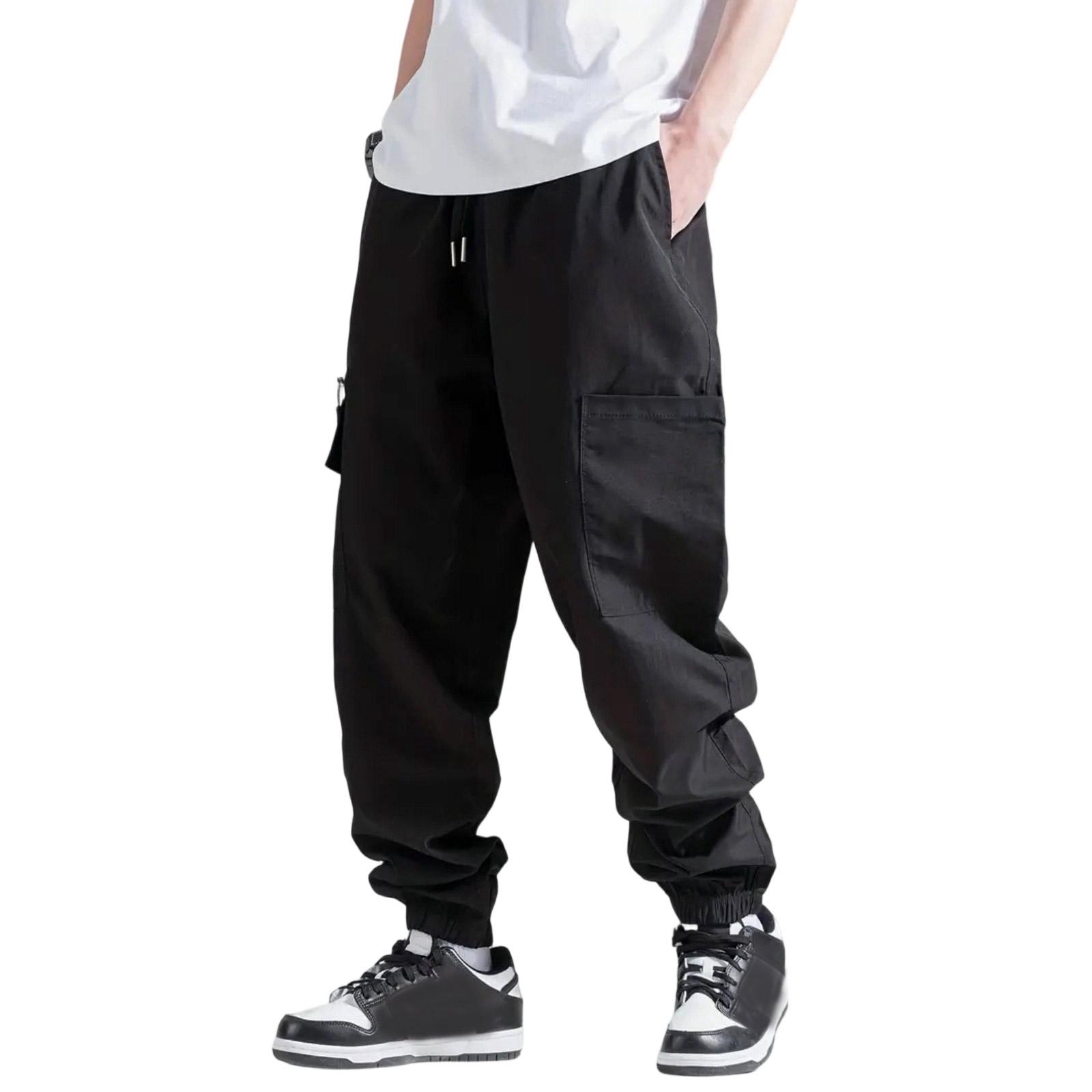 

Men s Casual Outdoor Cargo Pants Drawstring Waist Adjustable Jogger Style Multi Pocket Functional Workwear Tapered Ankle Length M чёрный