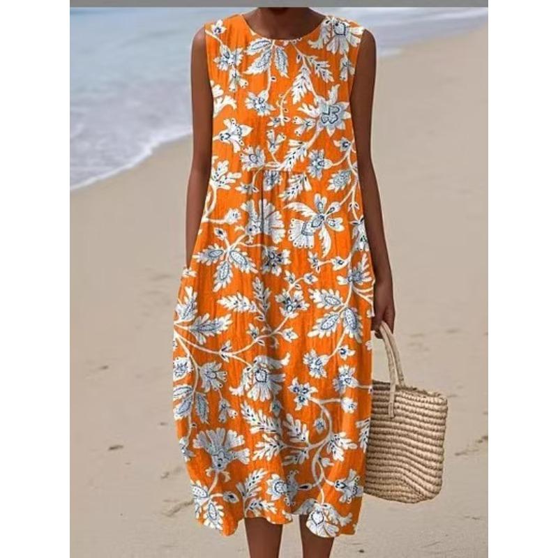 LYRIA 3D-Druck Rundhals Leichtes Kleid Ärmellos Sommer Strandkleid Lässig Mode A-Linien-Kleid Damen Elegante Blumenkleider