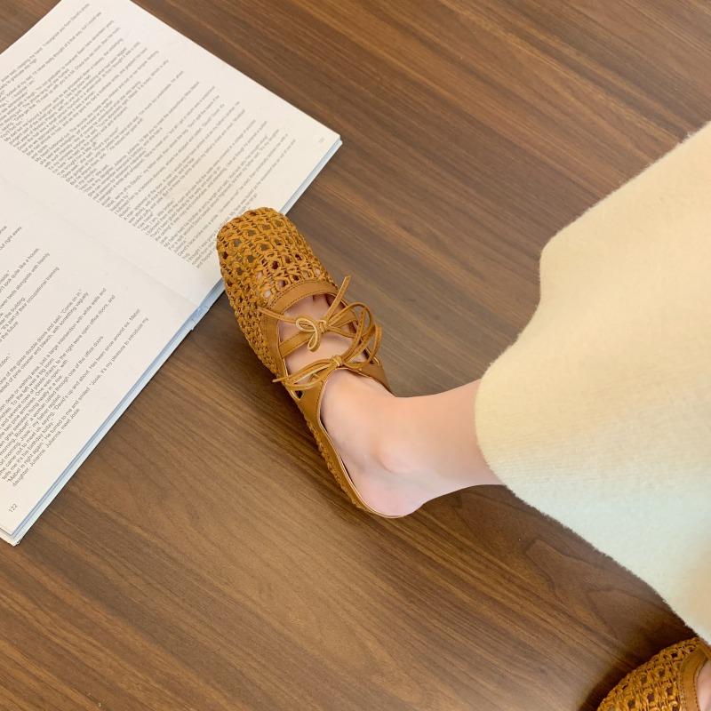 Fashion Fashion Inner Height Increase Baotou Half Slippers for Women  Summer Outside Wear New Hollow Sandals Bow Mary Jane Single Shoes