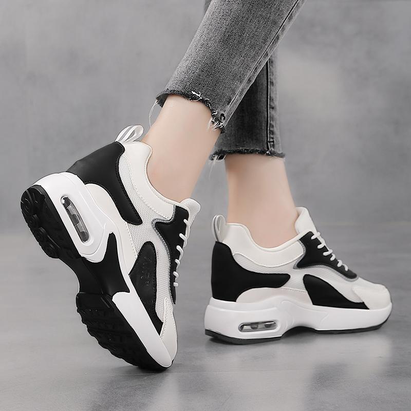 Women's Wedge Heel Platform Sneakers White Mesh Breathable Air Cushion Casual Walking Shoes Inner Heightening