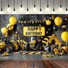 Fondo de Cumpleaños de Construcción Amarillo Negro 2D para Fotografía de Fiesta Infantil